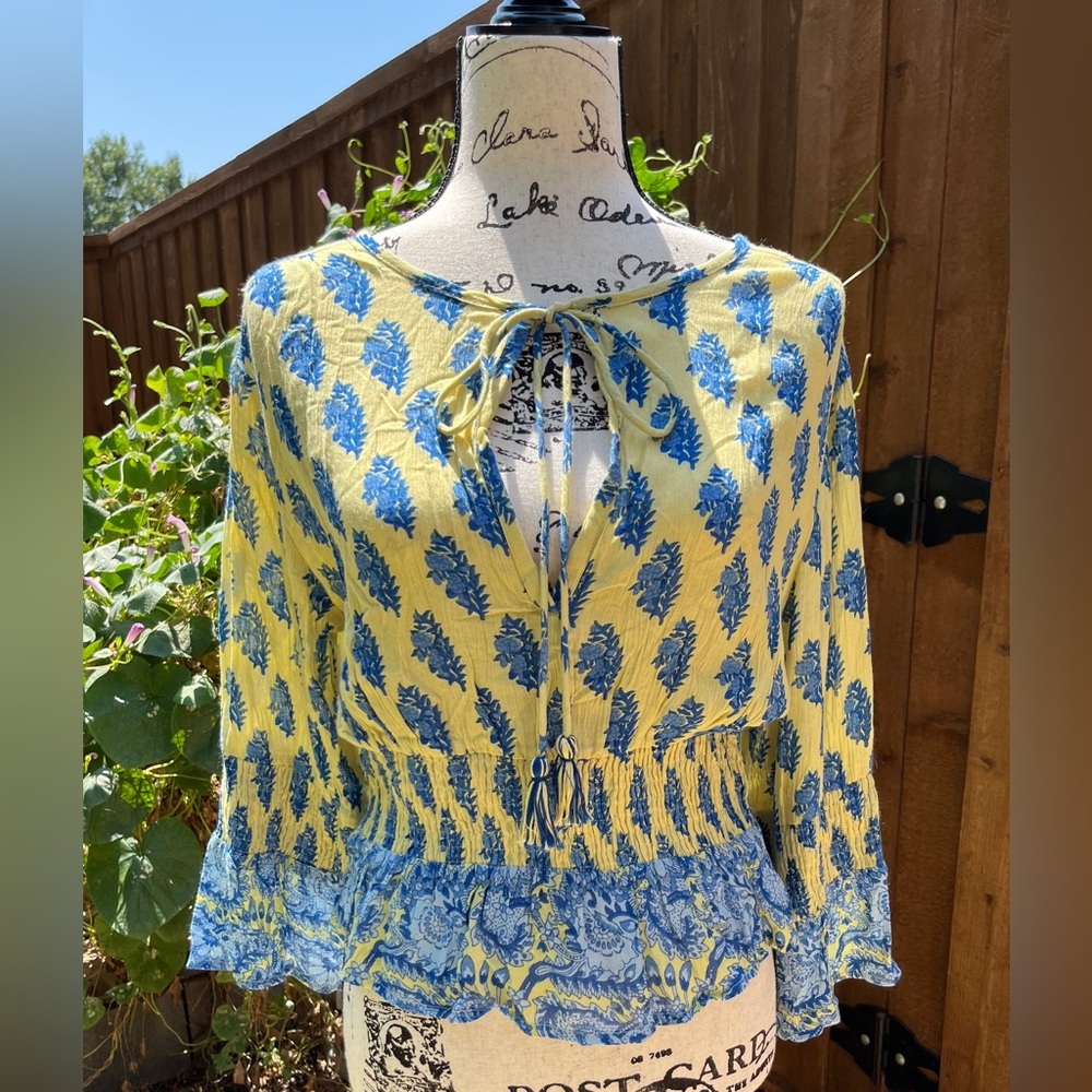 RAGA for Anthropologie Yellow with Blue Floral Print Boho Top Size S Small NWT